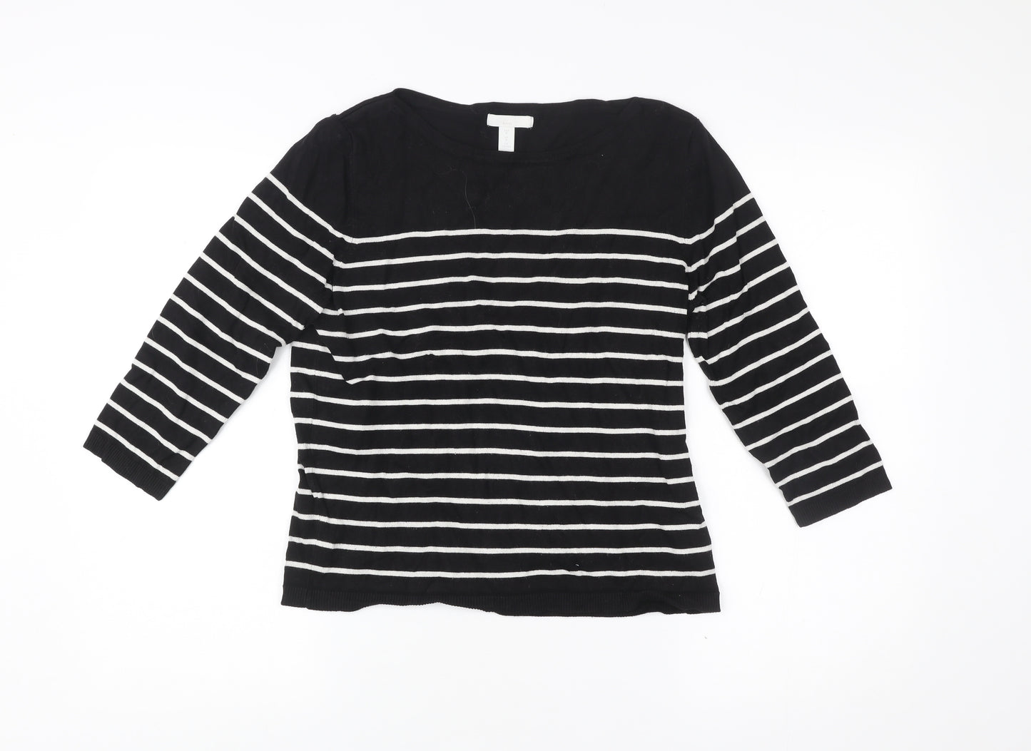 H&M Women Black White Striped Pullover Jumper Size 12 3/4 Sleeve