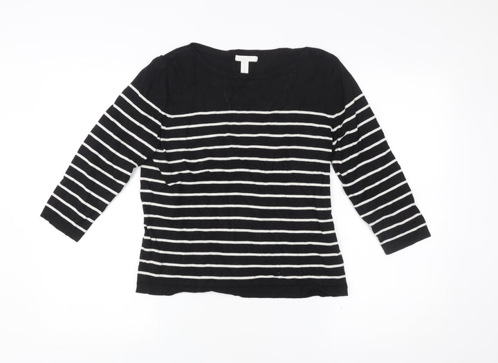 H&M Women Black White Striped Pullover Jumper Size 12 3/4 Sleeve