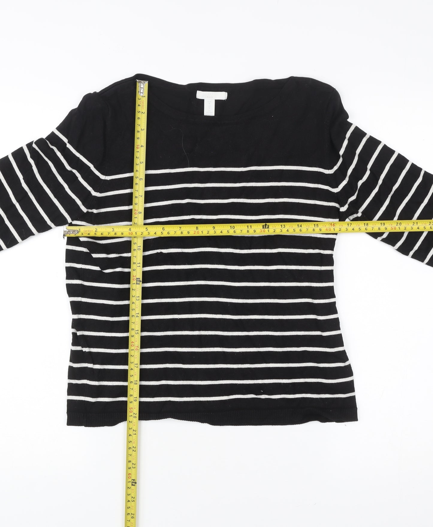 H&M Women Black White Striped Pullover Jumper Size 12 3/4 Sleeve