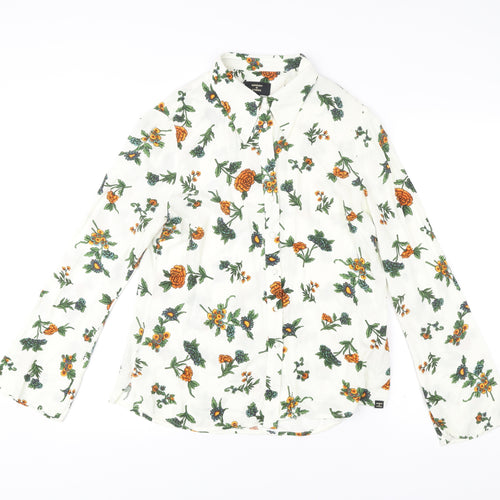 Superdry Womens White Floral Button-Up Shirt UK 12 Long Sleeve