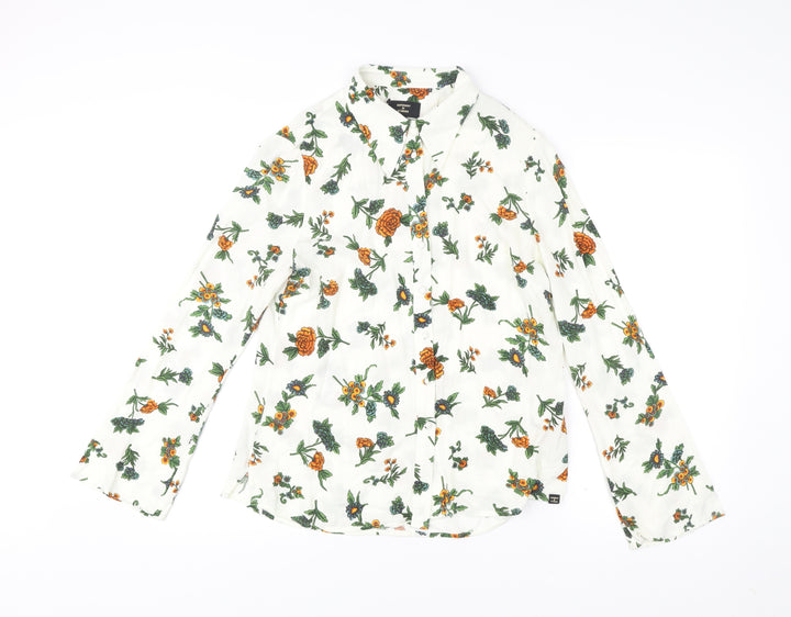 Superdry Womens White Floral Button-Up Shirt UK 12 Long Sleeve