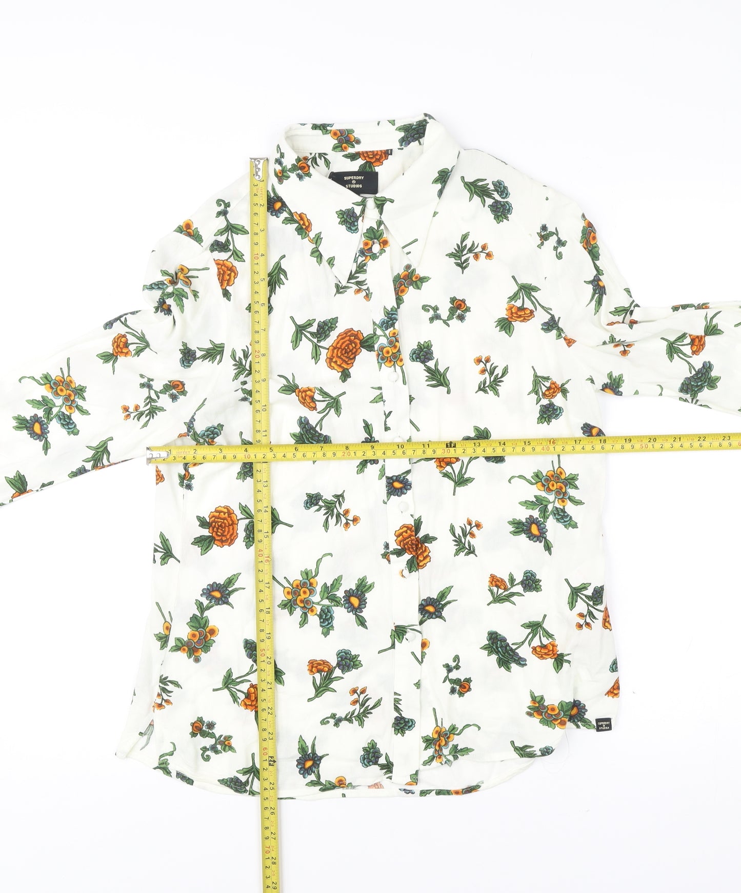 Superdry Womens White Floral Button-Up Shirt UK 12 Long Sleeve