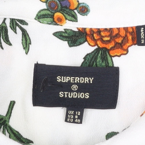 Superdry Womens White Floral Button-Up Shirt UK 12 Long Sleeve