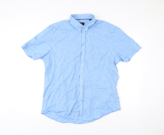Front view of King's Road Men's Blue XL 43-44" Button-Up Linen Cotton Shirt