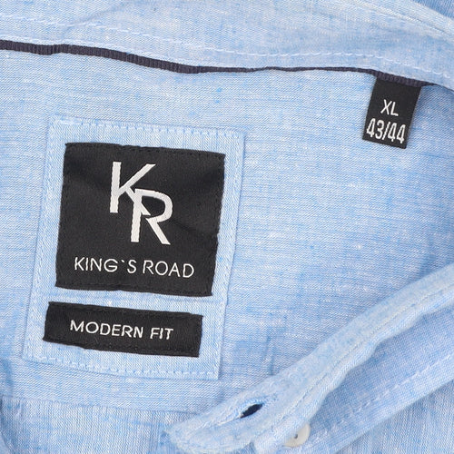 King's Road Men's Blue XL 43-44" Button-Up Linen Cotton Shirt