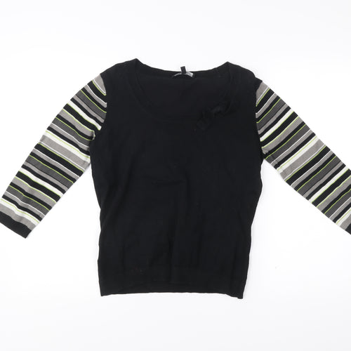 Laura Ashley Women’s Black Striped Jumper UK 12 Scoop Neck Pullover