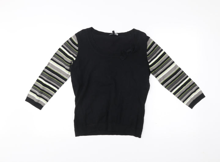 Laura Ashley Women’s Black Striped Jumper UK 12 Scoop Neck Pullover