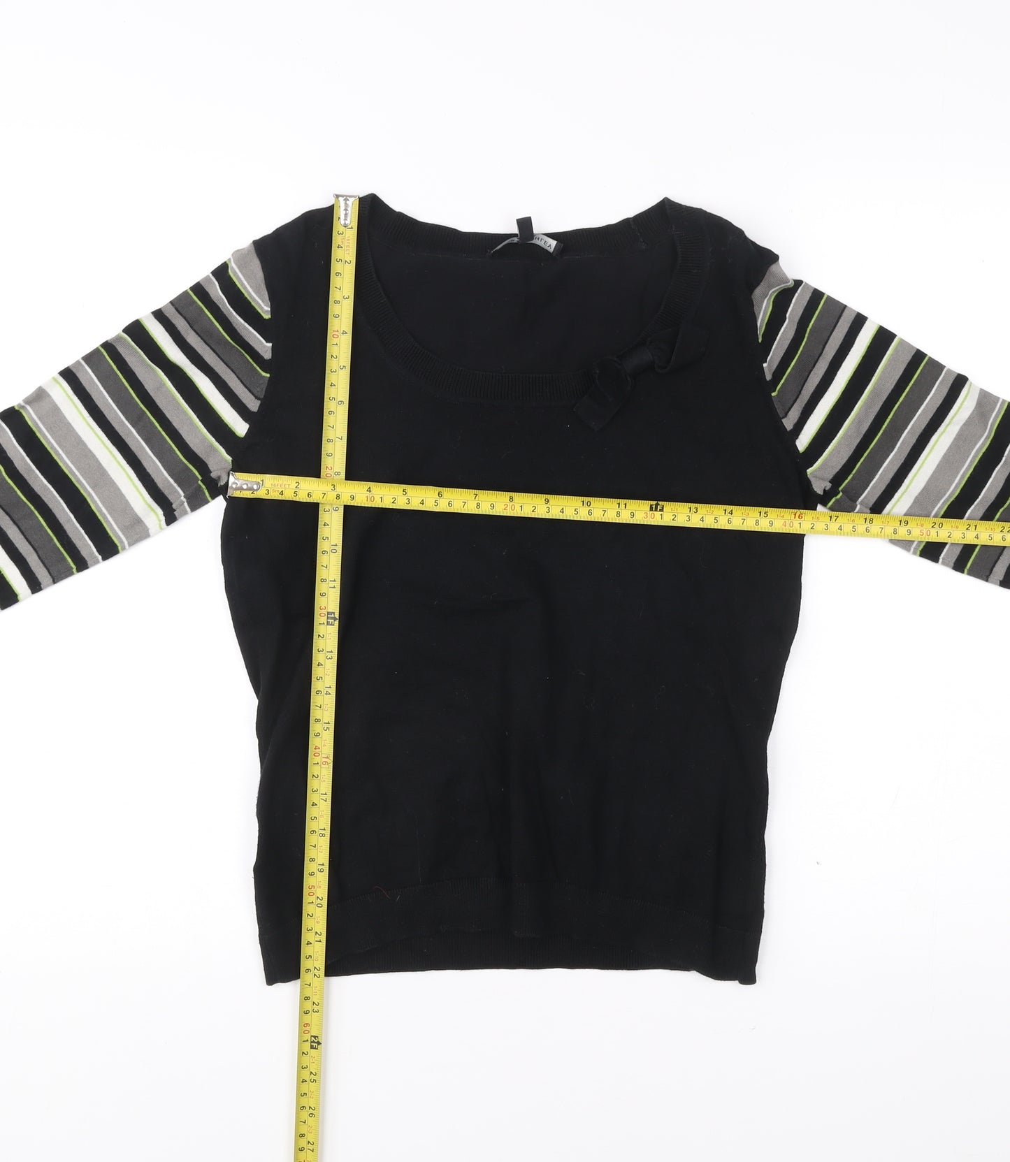 Laura Ashley Women’s Black Striped Jumper UK 12 Scoop Neck Pullover