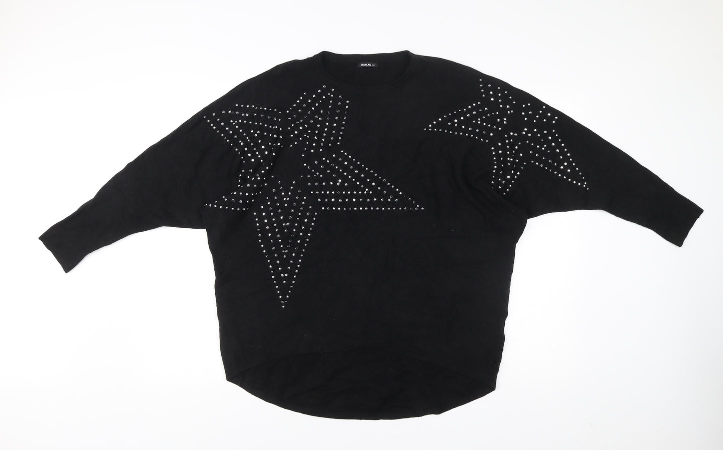Roman Women’s Black Studded Star Jumper M Crew Neck Long Sleeve Knit