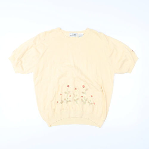 Tabi International Womens Beige L Embroidered Floral Cotton Knit T-Shirt