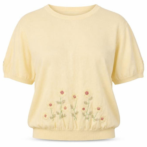 Tabi International Womens Beige L Embroidered Floral Cotton Knit T-Shirt