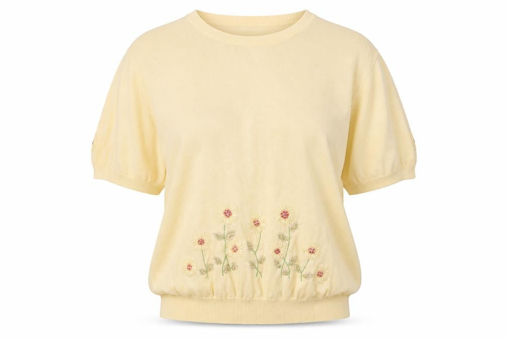Tabi International Womens Beige L Embroidered Floral Cotton Knit T-Shirt