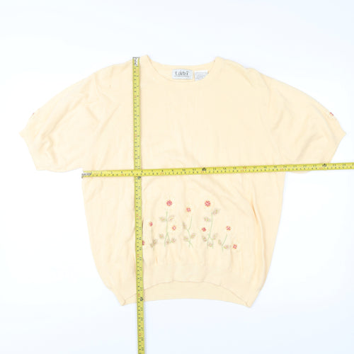 Tabi International Womens Beige L Embroidered Floral Cotton Knit T-Shirt