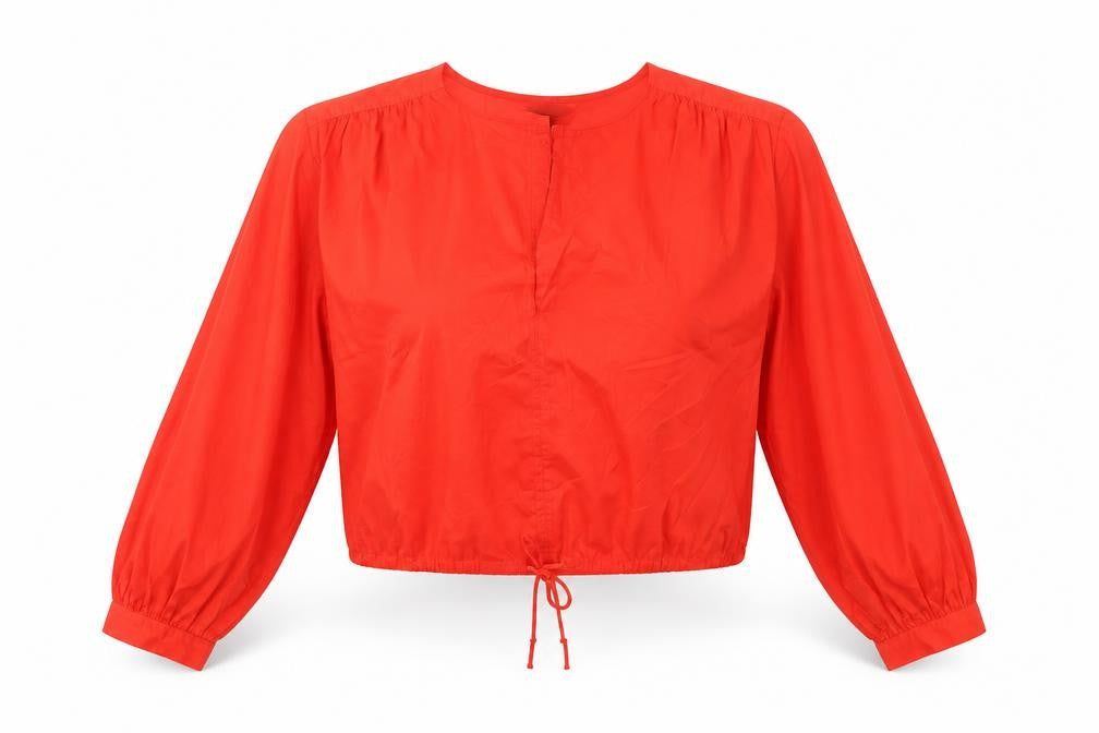 H&M Women Red Cropped Cotton Blouse Size S Balloon Sleeve