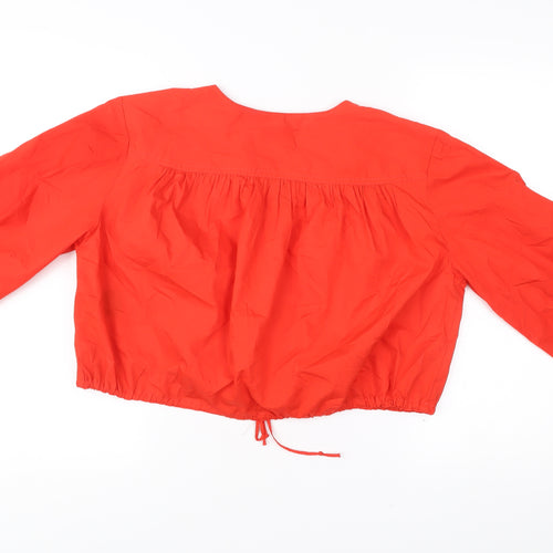 H&M Women Red Cropped Cotton Blouse Size S Balloon Sleeve