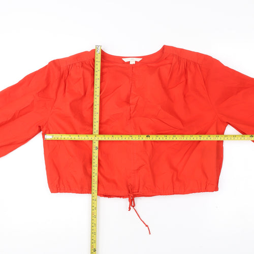 H&M Women Red Cropped Cotton Blouse Size S Balloon Sleeve