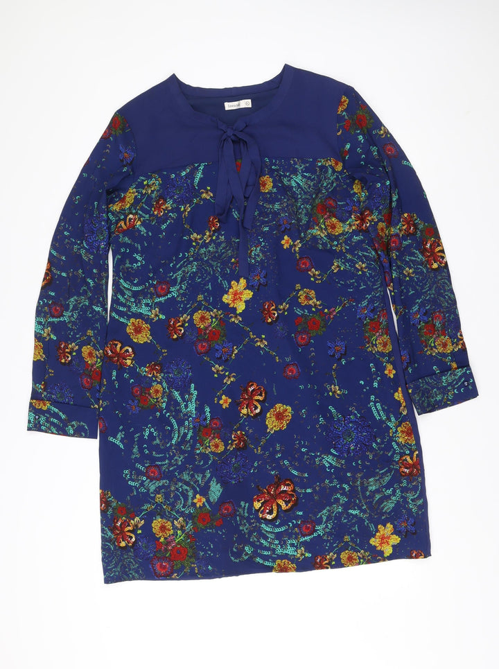 Lavand Womens Blue Floral Shift Dress XL Long Sleeve Boho Casual
