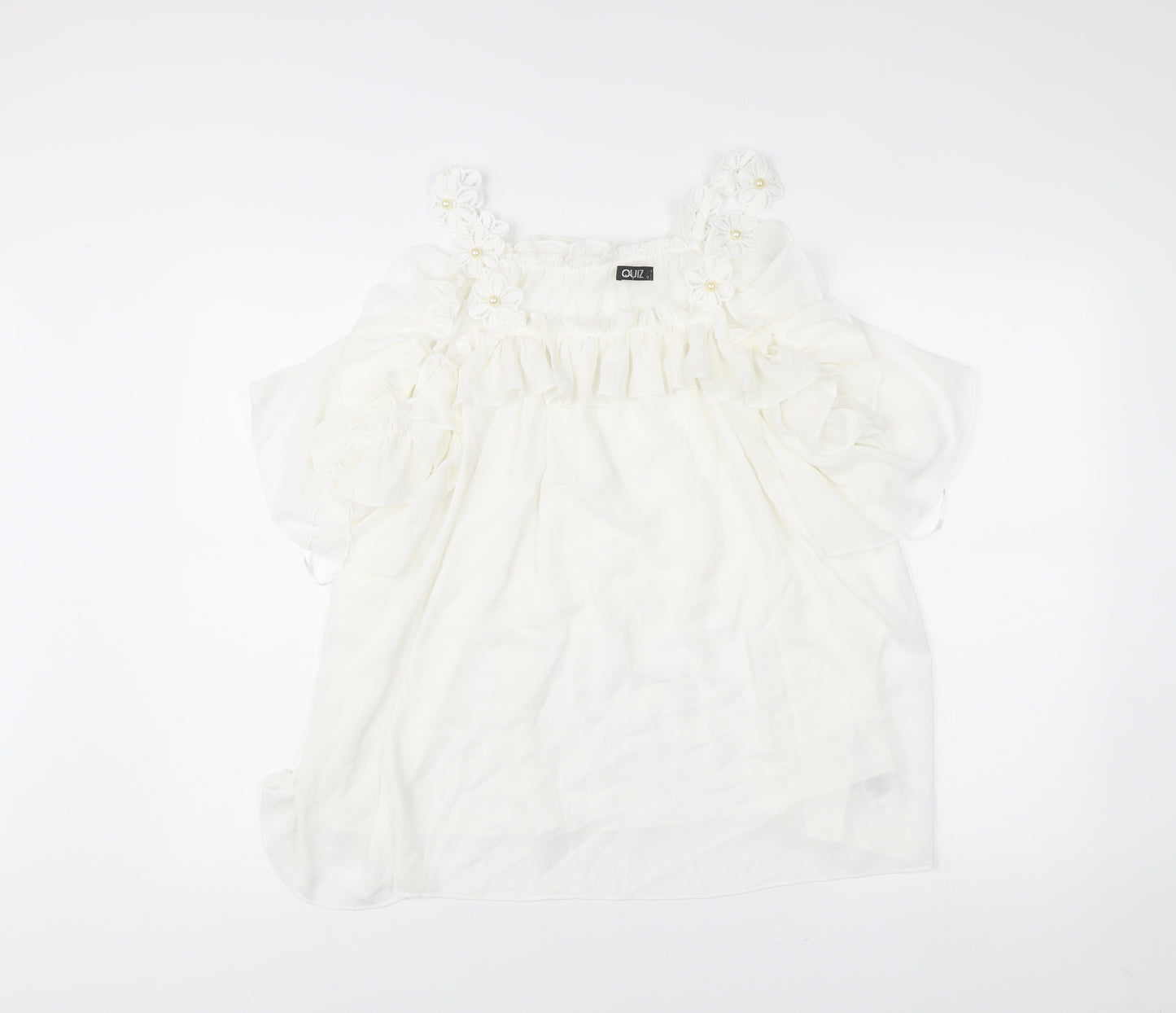 Quiz Women’s White Chiffon Tunic Blouse Size M Party Ruffle Strappy