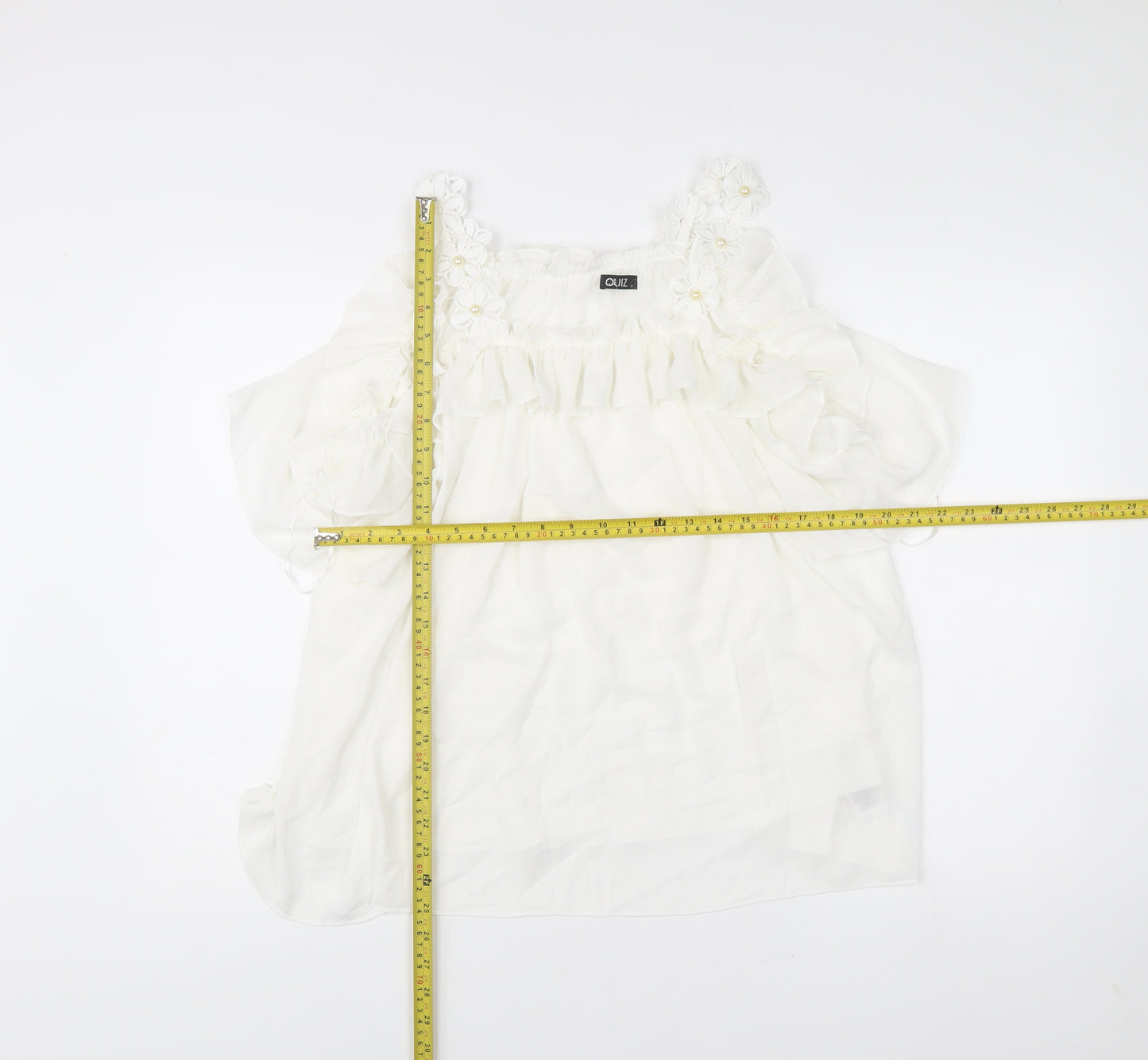 Quiz Women’s White Chiffon Tunic Blouse Size M Party Ruffle Strappy