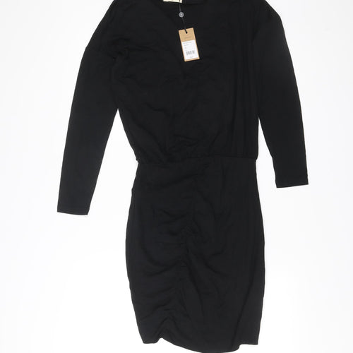 Hush Womens Black XS Bodycon Knee Length Ruched V-Neck Dress