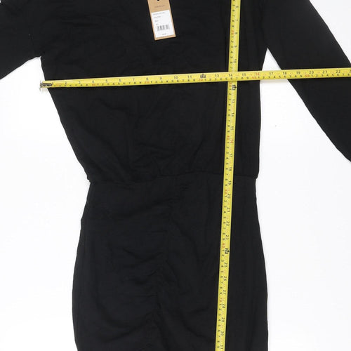 Hush Womens Black XS Bodycon Knee Length Ruched V-Neck Dress