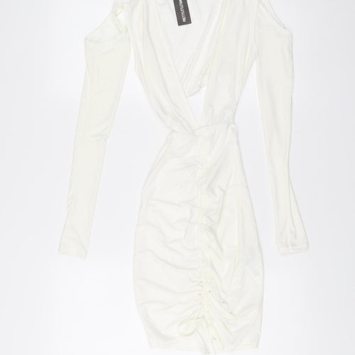 PrettyLittleThing Women White Size 6 Bodycon Mini Dress Ruched V-Neck