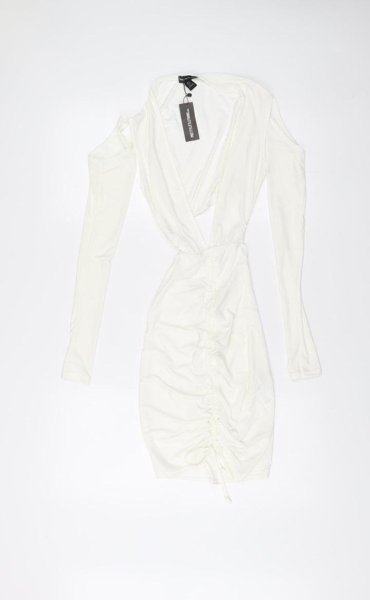 PrettyLittleThing Women White Size 6 Bodycon Mini Dress Ruched V-Neck