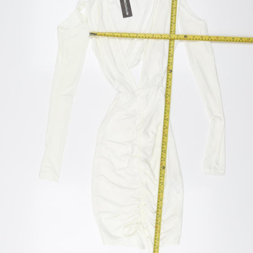 PrettyLittleThing Women White Size 6 Bodycon Mini Dress Ruched V-Neck