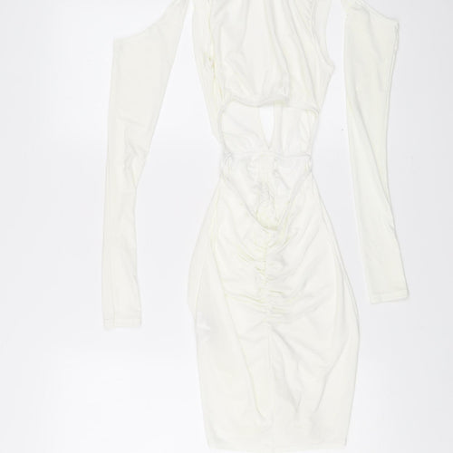 PrettyLittleThing Women White Size 6 Bodycon Mini Dress Ruched V-Neck