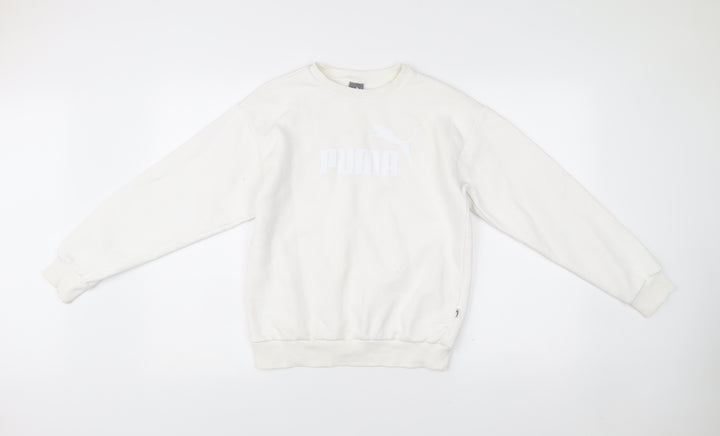 Puma Womens White XS Pullover Sweatshirt Crew Neck Logo Cotton Blend