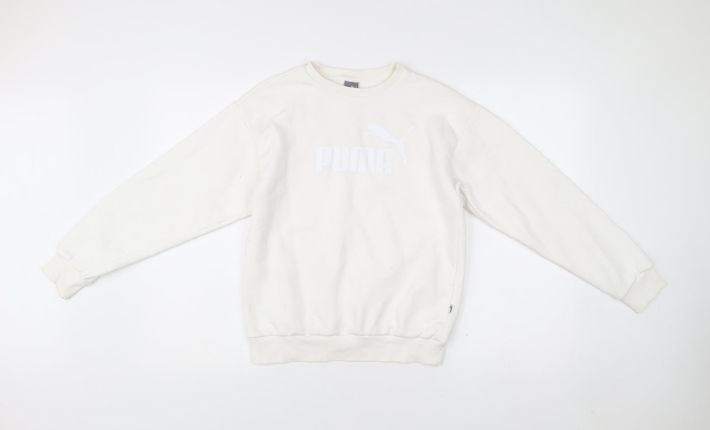 Puma Womens White XS Pullover Sweatshirt Crew Neck Logo Cotton Blend
