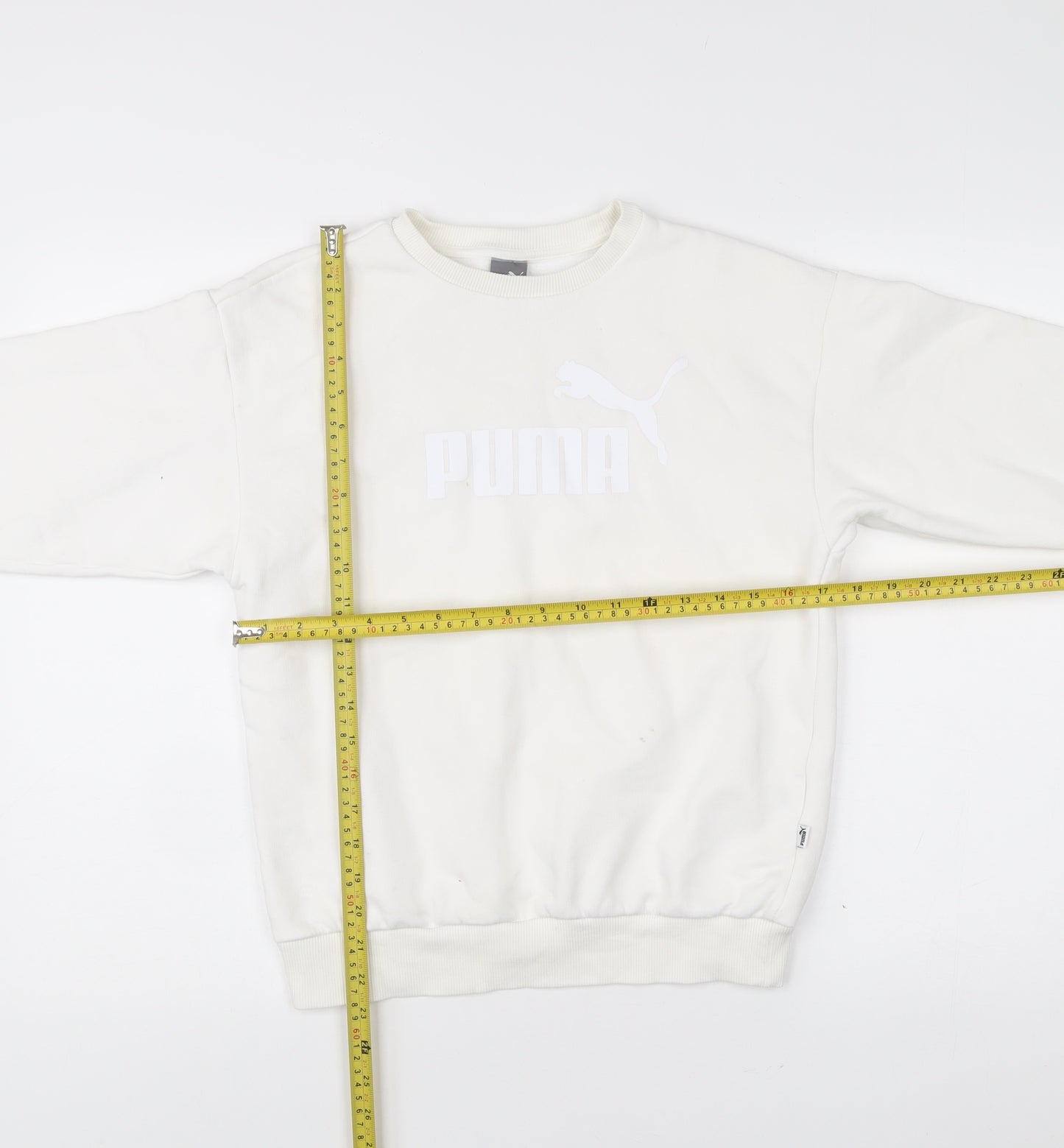 Puma Womens White XS Pullover Sweatshirt Crew Neck Logo Cotton Blend