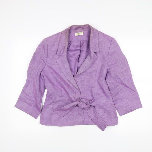 Kaliko Womens Purple Linen Belted Blazer Size 12 Classic 3/4 Sleeve