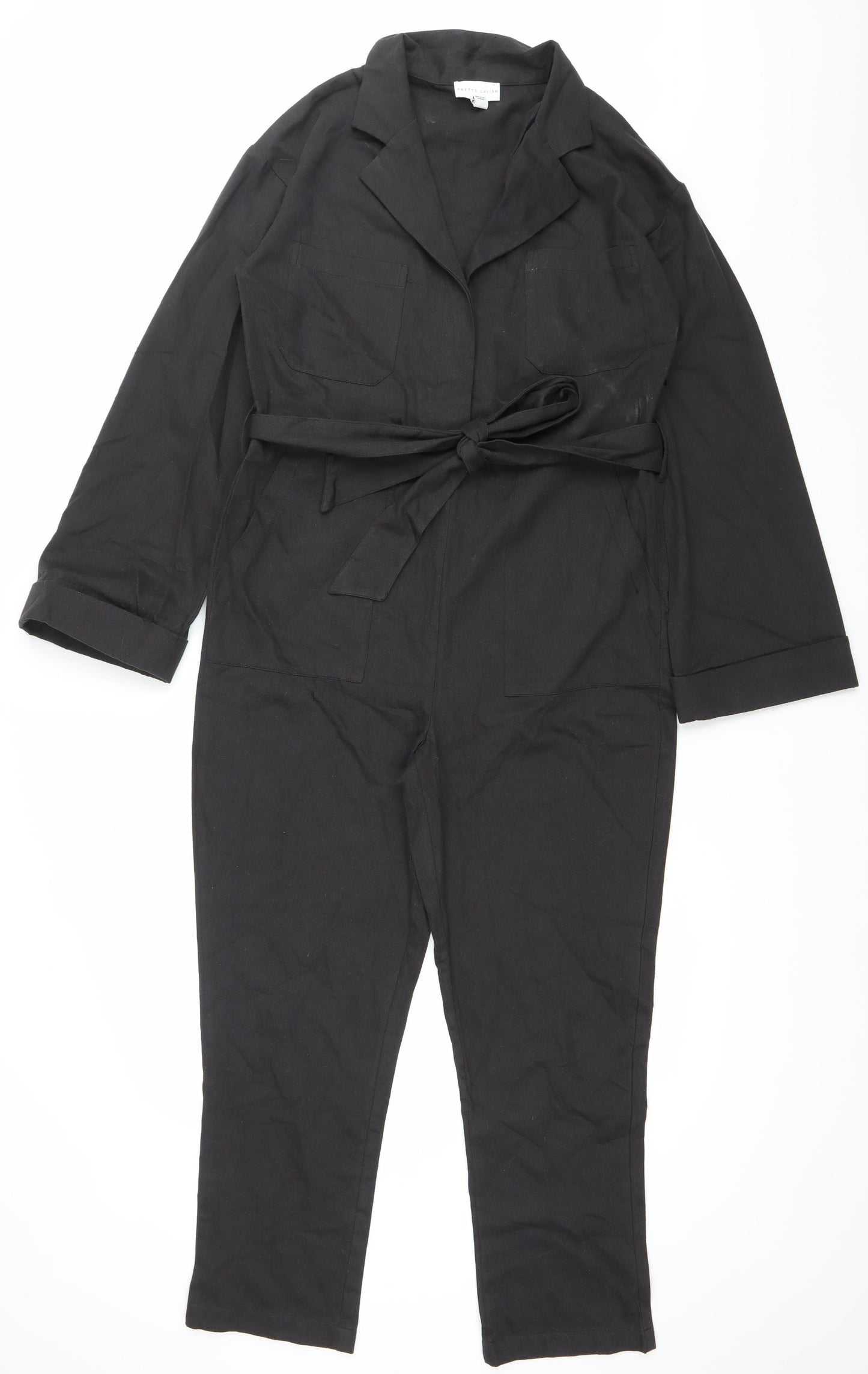 Pretty Lavish Women’s Black Cotton Long Sleeve Belted Jumpsuit Size 8