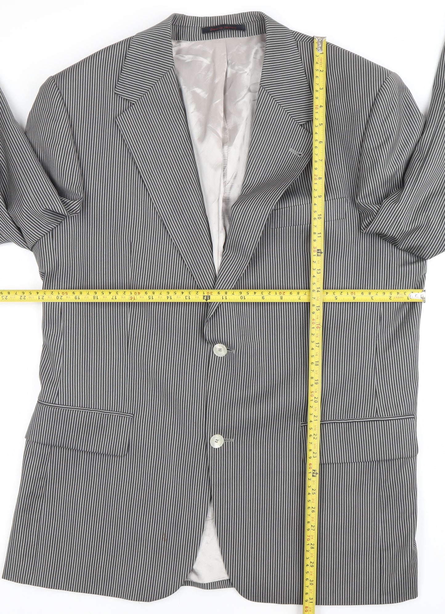 Desch Men Grey Pinstripe Wool Blazer Jacket 42R Classic Fit