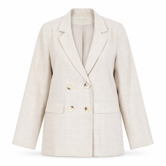 Front view of Nasty Gal women’s beige check double breasted blazer jacket, size UK 12