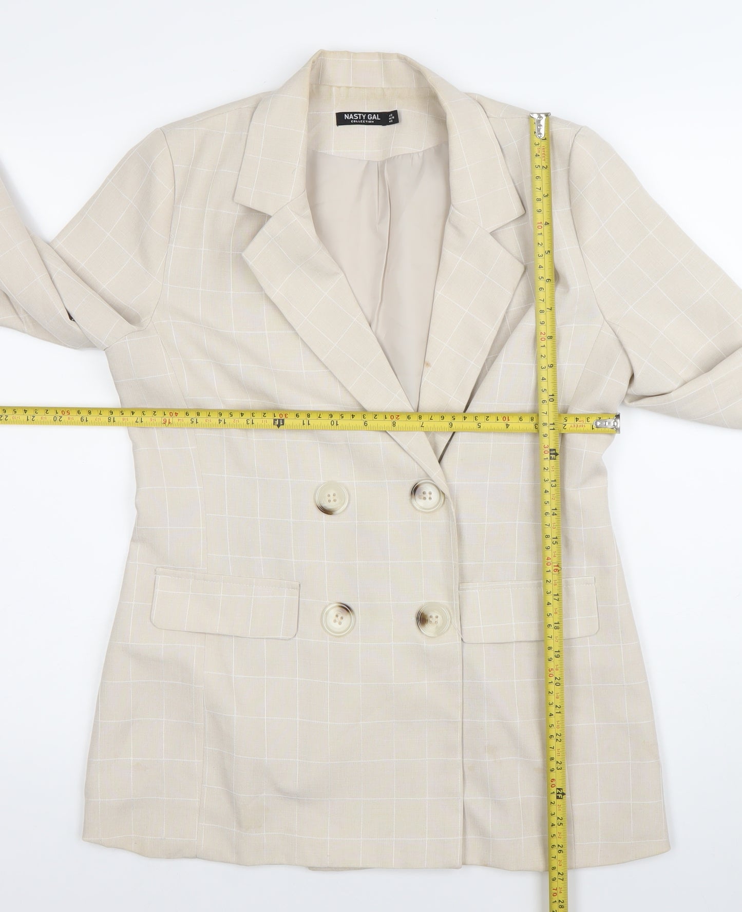 Nasty Gal Womens Beige Check Double Breasted Blazer Jacket Size 12