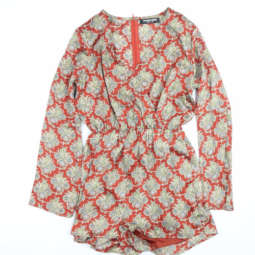 Fashion Union Women’s Red Paisley Long Sleeve V-Neck Playsuit Size 8