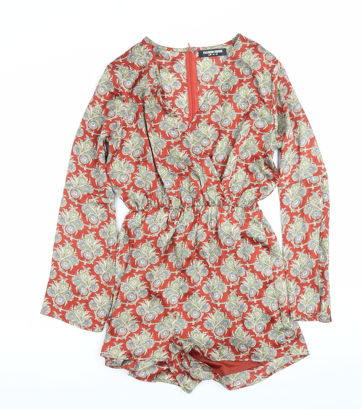 Fashion Union Women’s Red Paisley Long Sleeve V-Neck Playsuit Size 8