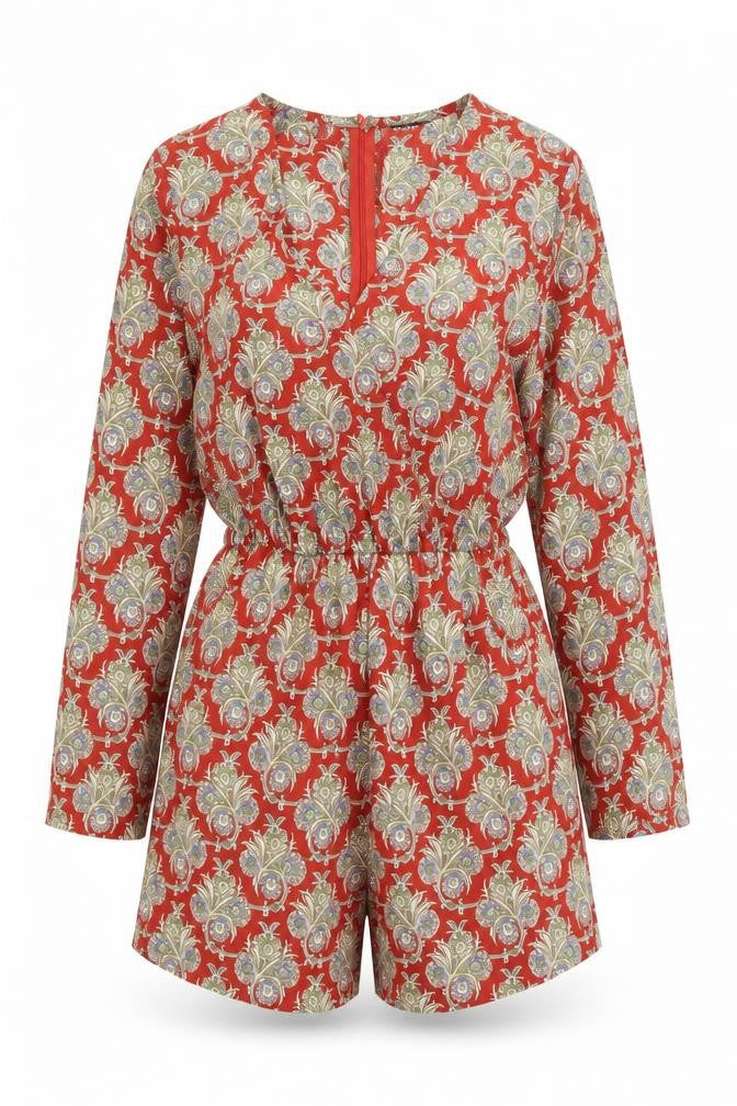 Fashion Union Women’s Red Paisley Long Sleeve V-Neck Playsuit Size 8
