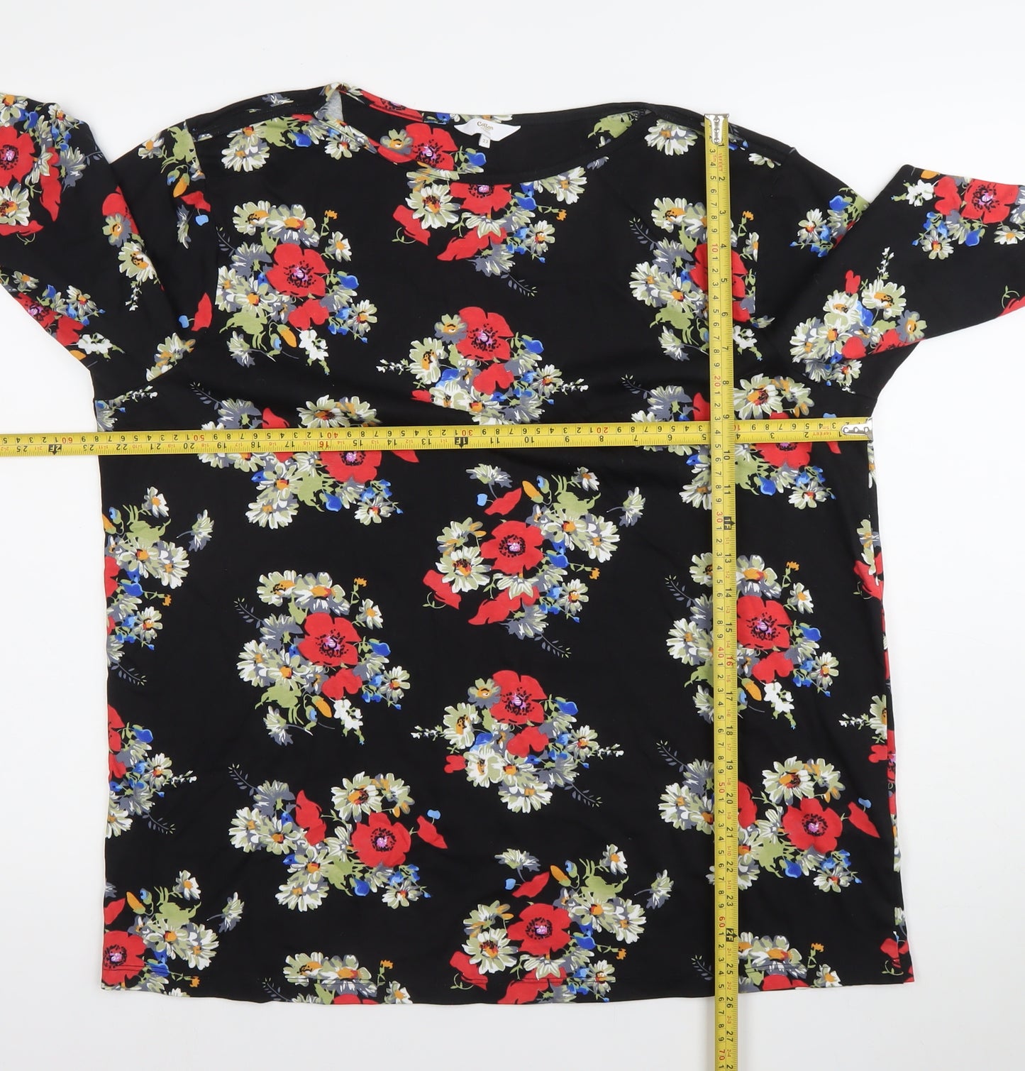 Cotton Traders Womens Black Floral Blouse Size 22 Tunic Top 3/4 Sleeve