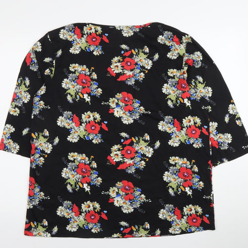 Cotton Traders Womens Black Floral Blouse Size 22 Tunic Top 3/4 Sleeve