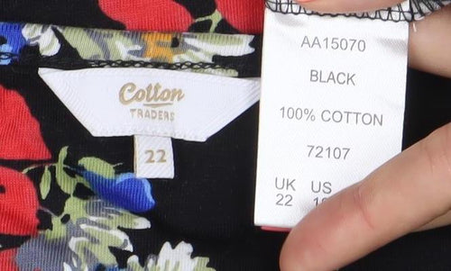 Cotton Traders Womens Black Floral Blouse Size 22 Tunic Top 3/4 Sleeve