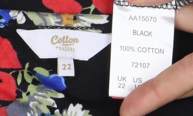 Cotton Traders Womens Black Floral Blouse Size 22 Tunic Top 3/4 Sleeve