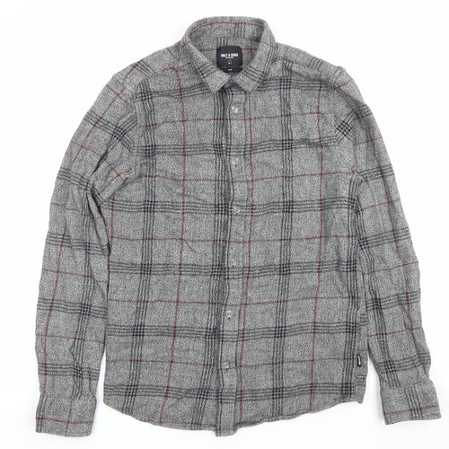 ONLY & SONS Men Grey Slim Fit Plaid Cotton Button-Up Shirt M
