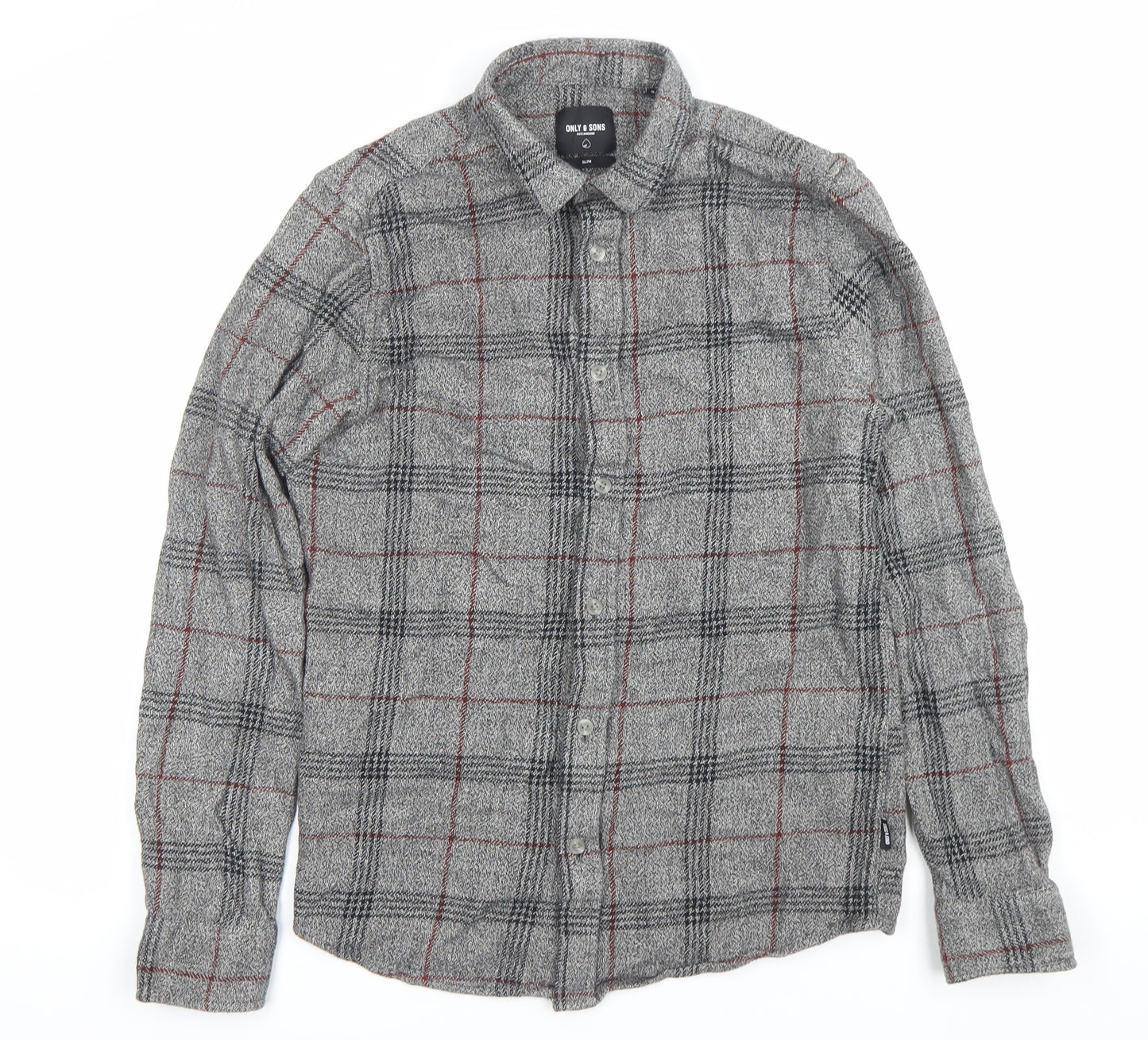 ONLY & SONS Men Grey Slim Fit Plaid Cotton Button-Up Shirt M