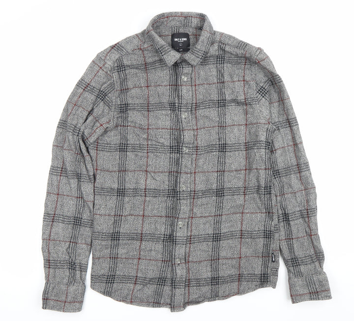 ONLY & SONS Men Grey Slim Fit Plaid Cotton Button-Up Shirt M
