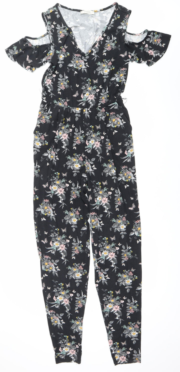 Oasis Women’s Black Floral Ruffle Cold Shoulder Jumpsuit Size S