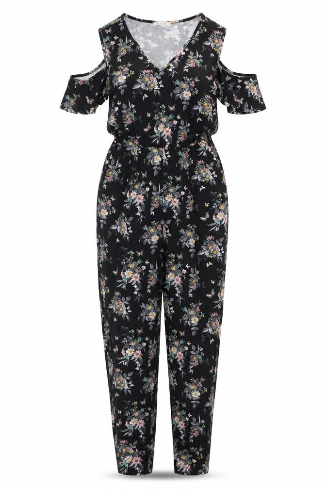 Oasis Women’s Black Floral Ruffle Cold Shoulder Jumpsuit Size S