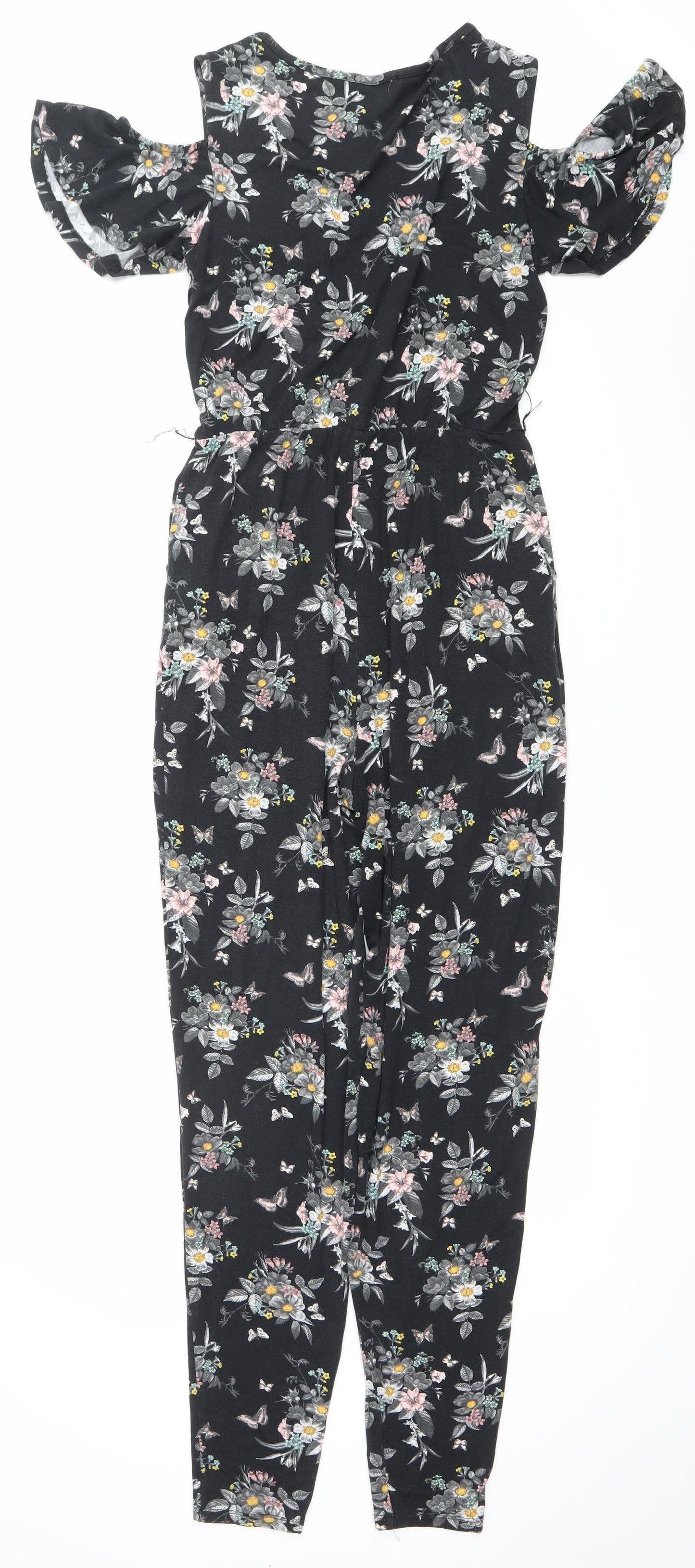 Oasis Women’s Black Floral Ruffle Cold Shoulder Jumpsuit Size S